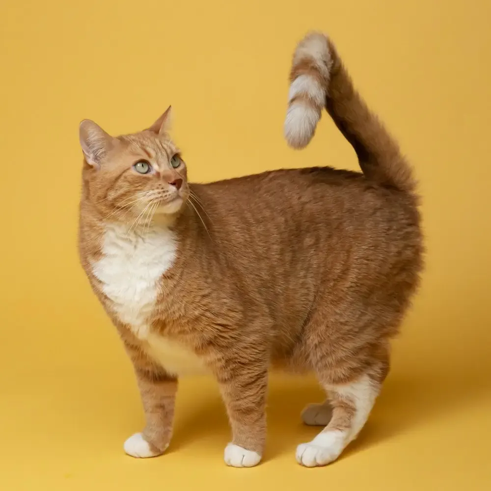 Ginger and white cat standing on a yellow background, looking up